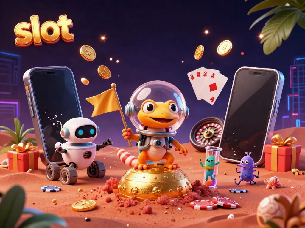 Spin the reels at a vibrant casino scene with a Martian gecko, enhancing the excitement of slot play.