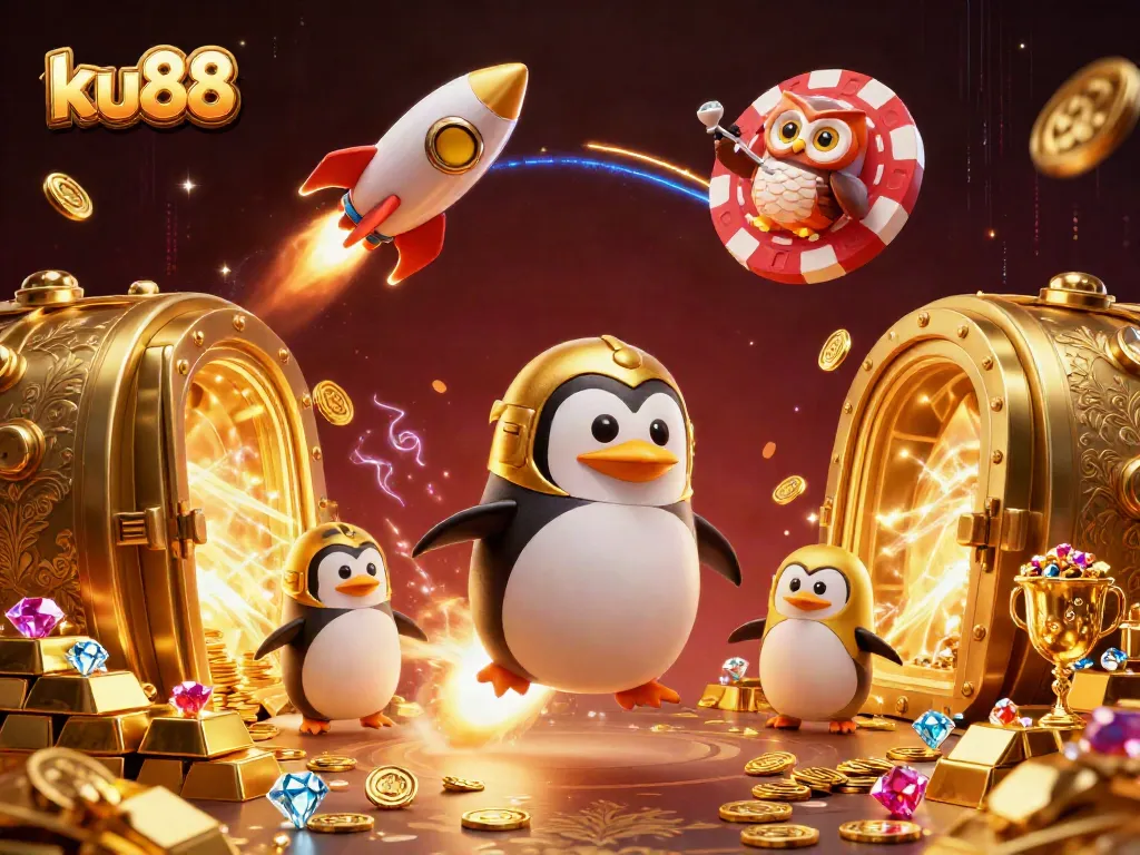 Experience the thrill of ku88 with a golden penguin soaring towards a giant poker chip casino.