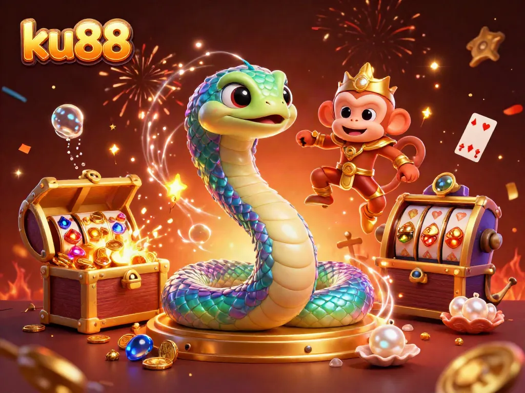 Join the fun at ku88, featuring a vibrant scene with a rainbow serpent and gold treasures.