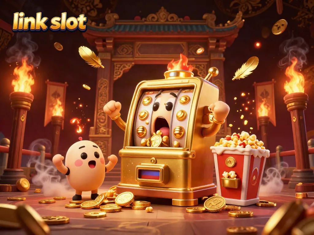 Experience the thrill of link slot action with a 3D golden slot machine celebrating its jackpot victory, surrounded by cheering companions.