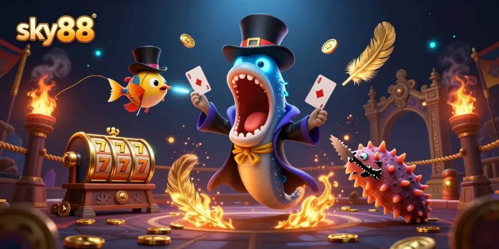 Engaging sky88 casino scene with deep-sea creatures performing magic tricks and gambling elements