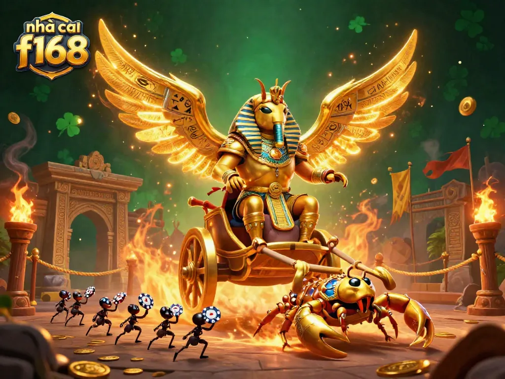 Engage with nhà cái f168 through this vibrant casino-inspired illustration featuring golden elements.