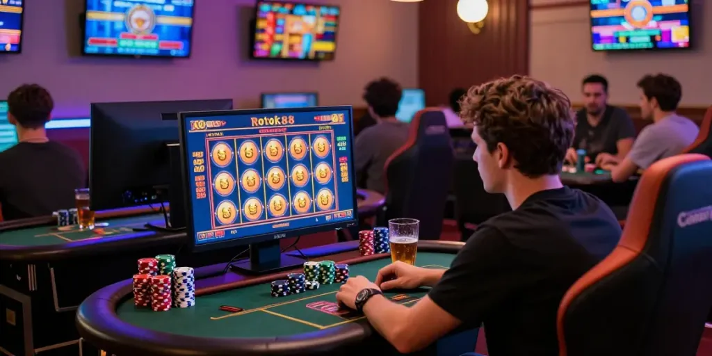 Engaging player experiencing the excitement of rokok88 slot game in a lively online casino setting.