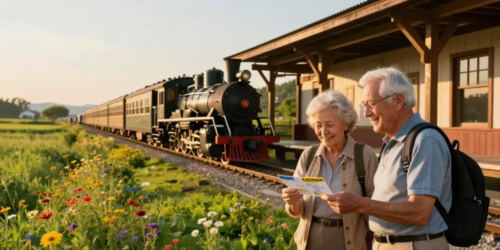 "Senior train tickets for a memorable journey, picturesque train station."