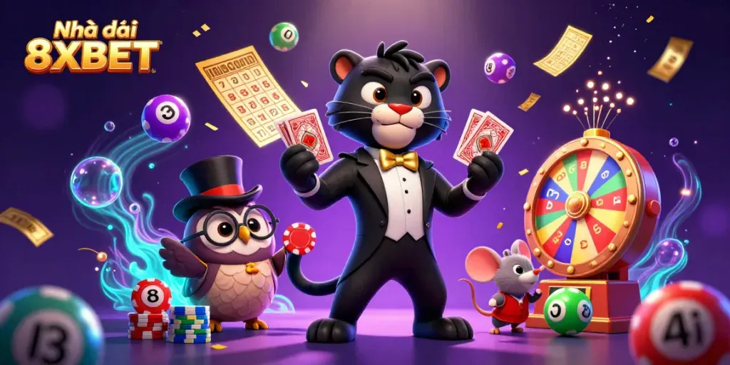 Engage with Nhà cái 8XBET's thrilling gaming scene featuring vibrant lottery elements, poker cards, and energetic characters.