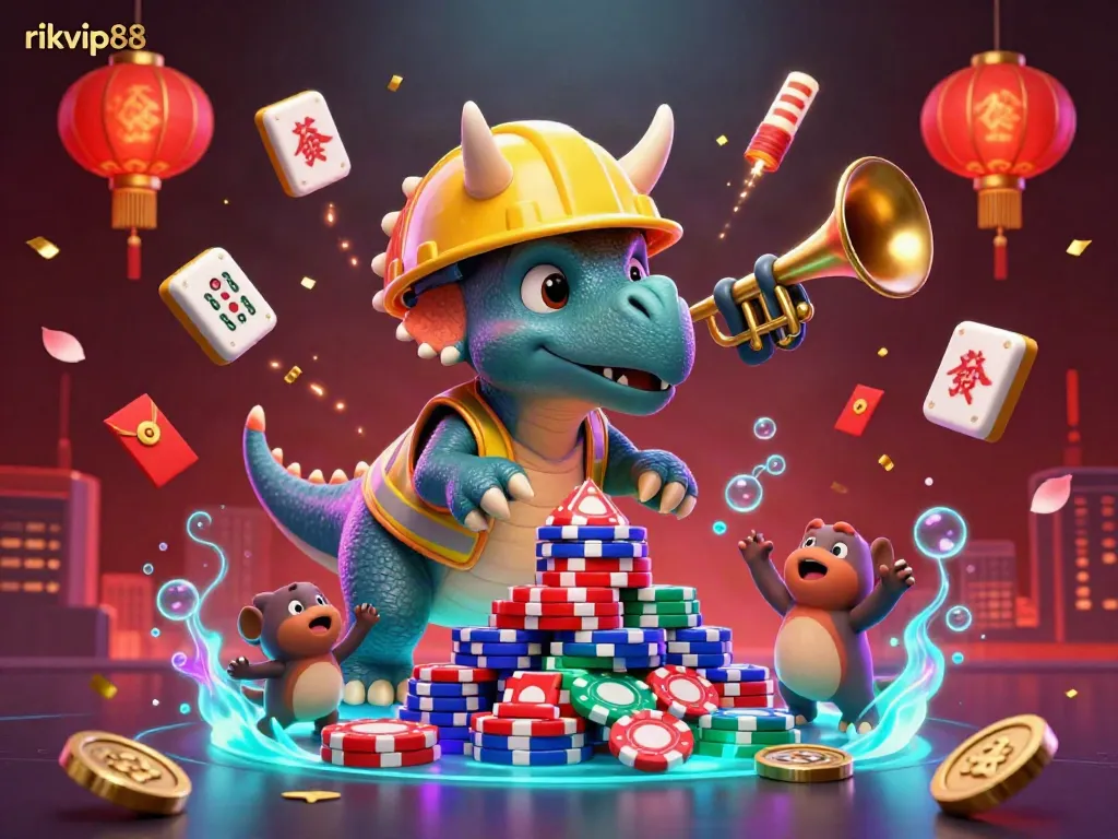Experience the vibrant celebration of rikvip88 with a triceratops building poker chip pyramids amidst festive elements.