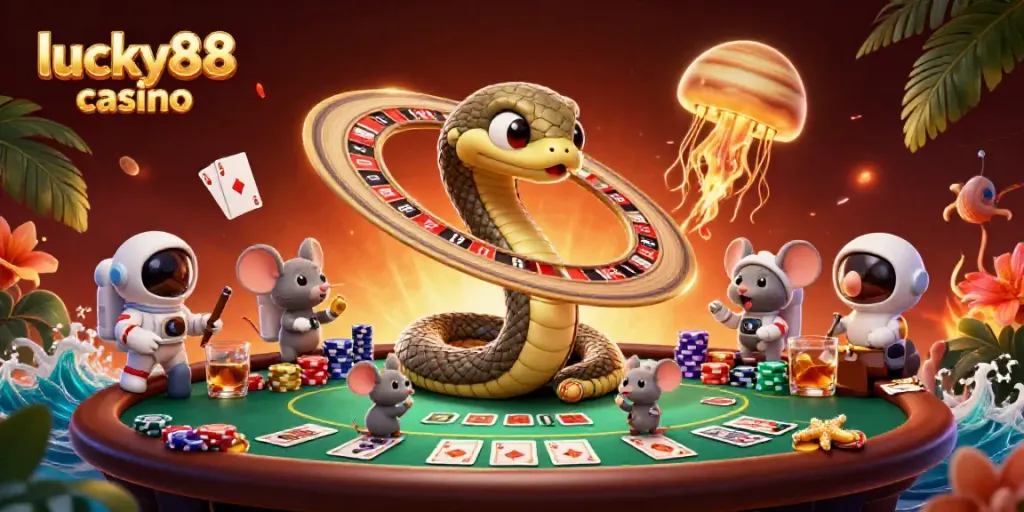 Experience thrilling gameplay at lucky88 casino with cartoon snakes and cosmic creatures in this vibrant scene.