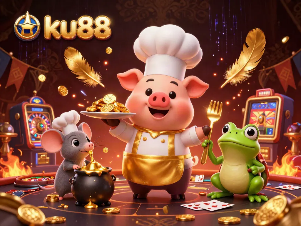 Enjoy winning strategies with ku88 in this vibrant gambling scene featuring a whimsical chef and vibrant casino elements.