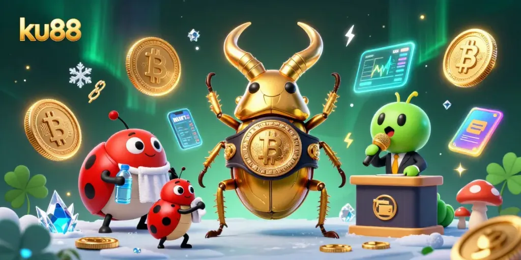 ku88 players engage in thrilling cryptocurrency gaming amidst dynamic, vibrant 3D casino elements