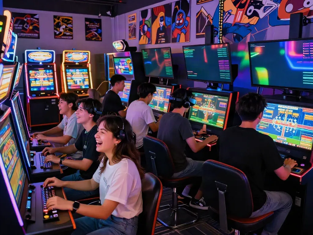 Exciting rokok88 apk gaming experience with friends in vibrant arcade.