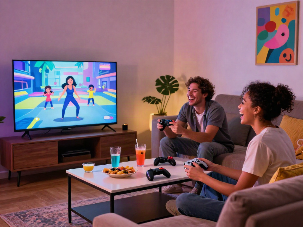 Friends enjoying interactive sex games in a cozy living room, showcasing laughter and fun.