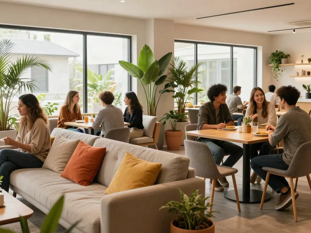 Community lounge at Berkat Home Living promoting a smoke-free environment, featuring vibrant decor and inviting atmosphere, essential for rokok88 rtp residents.