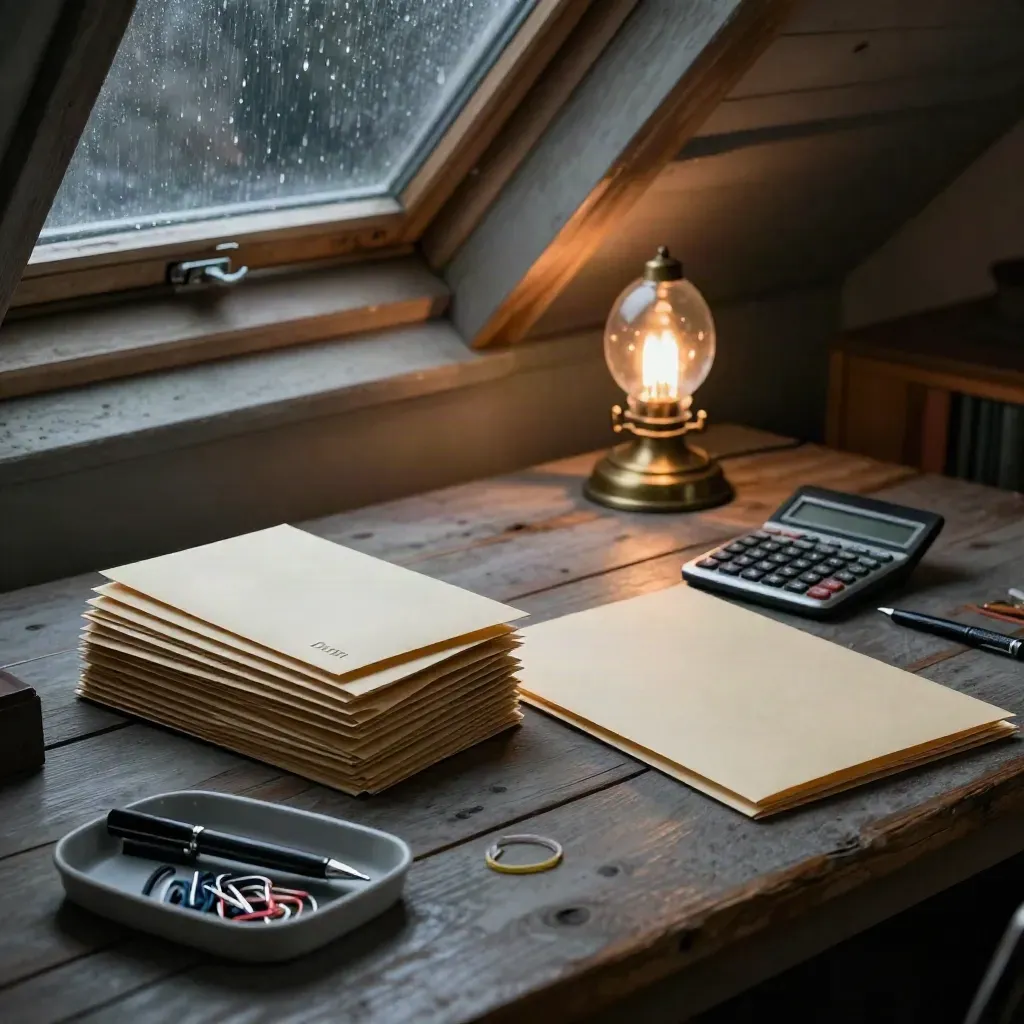 Stormy attic desk with envelopes sorted beside a calculator, debt folder and lamp.