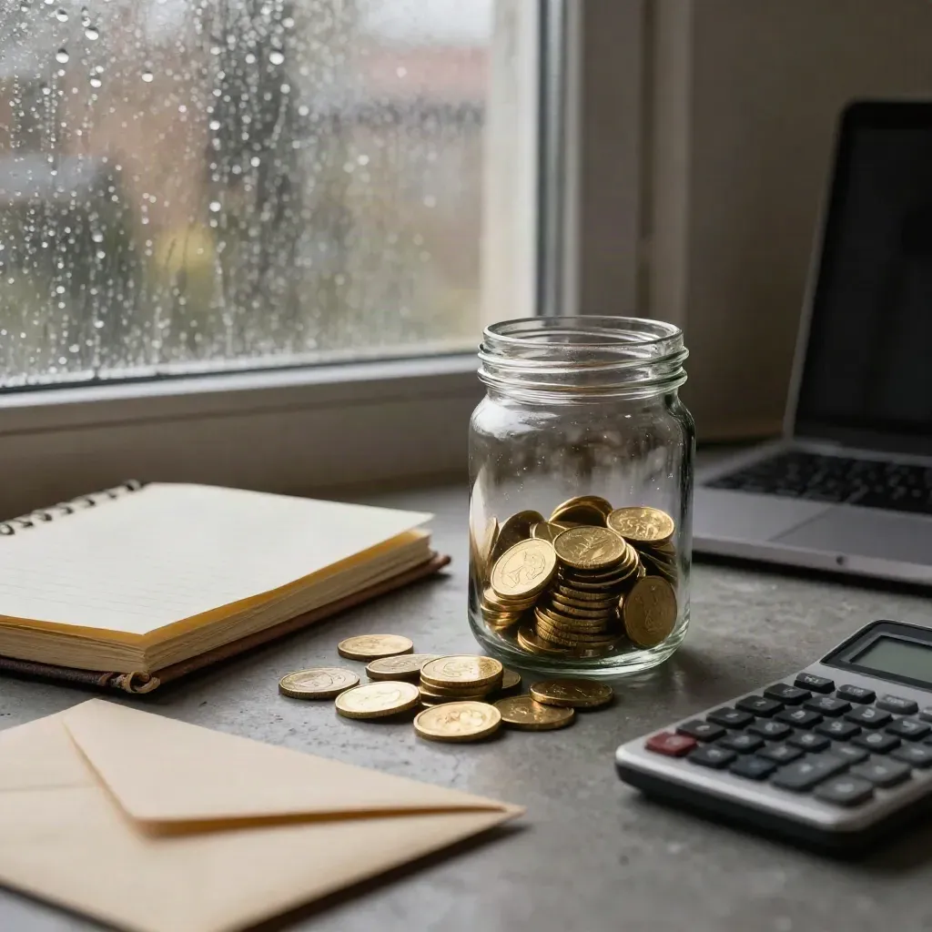 Glass savings jar, coins, ledger, envelopes, calculator and laptop on a rainy morning tabletop.