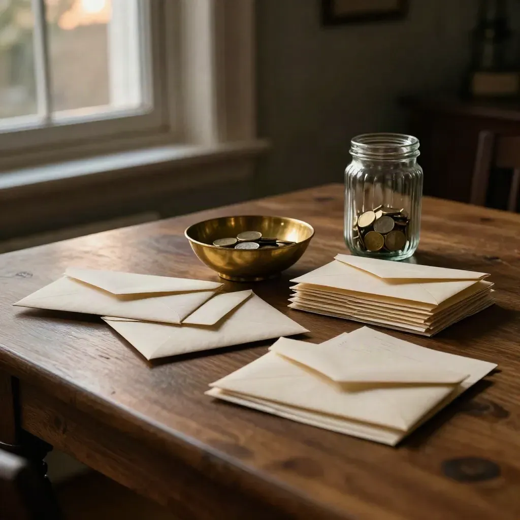 Three savings envelopes, a coin bowl and glass jar by a dusk-lit window on a walnut table.