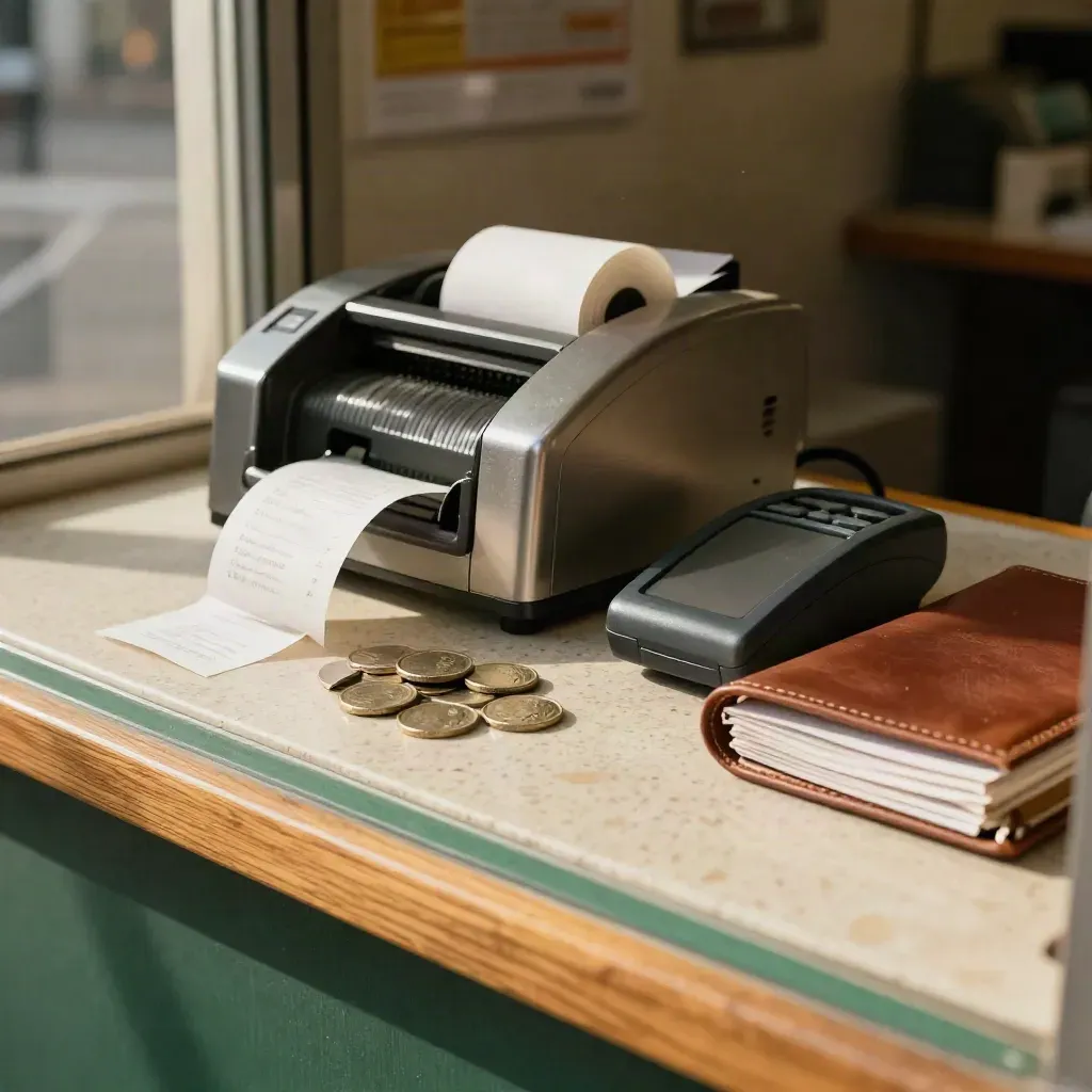 Receipt roll, cash tin, card reader and closed ledger on a storefront counter in motion.