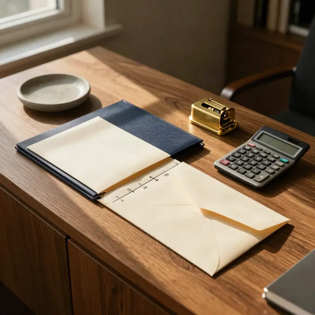 Top-down office debt-payoff setup with envelopes, calculator, folders, and stone dish in warm afternoon light.