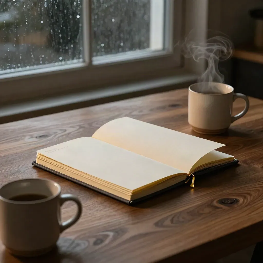 Rainy kitchen table with mugs, notebooks and a joint payment folder settling into order