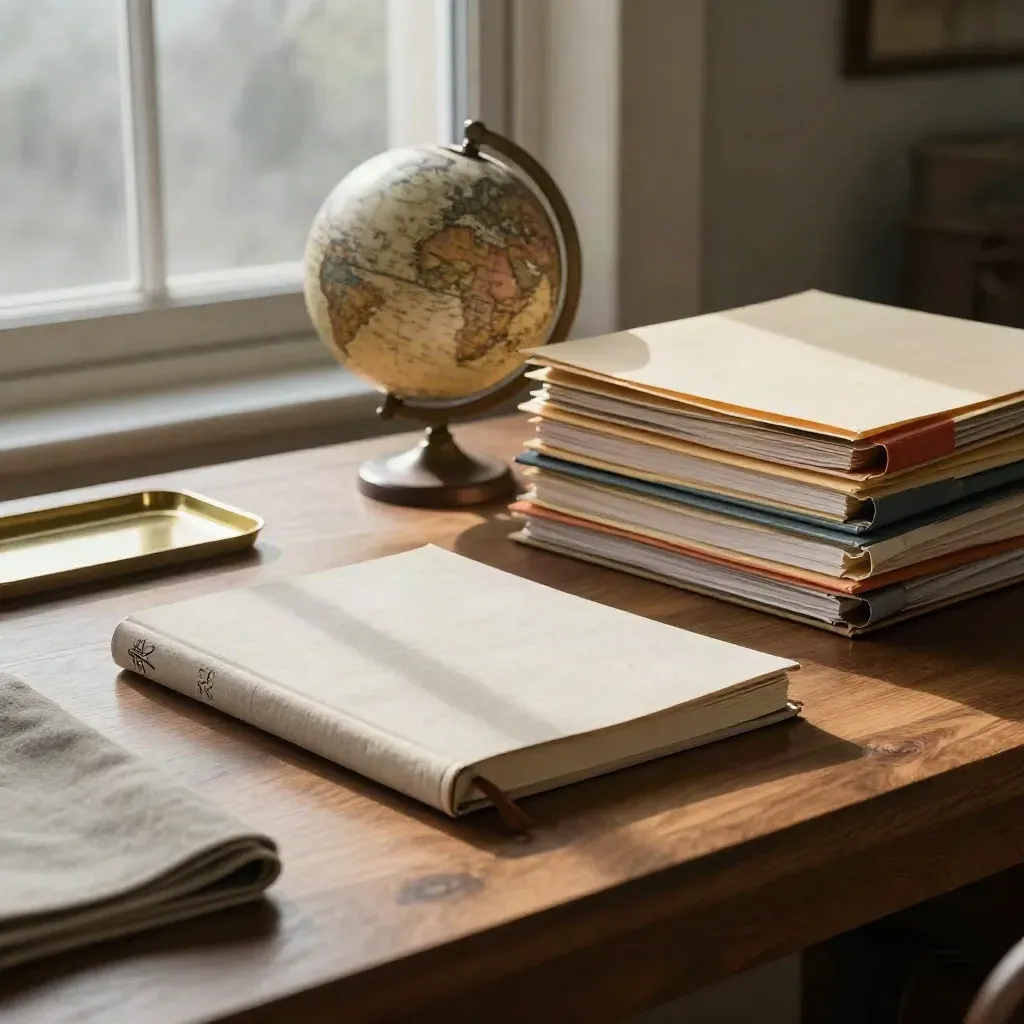 Low-angle retirement-planning desk with globe, folders, and closed notebook by a misty window.