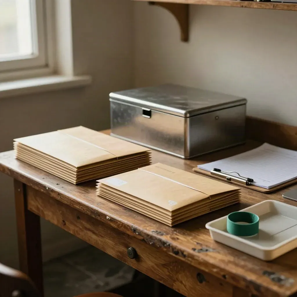 Packing bench with sealed invoice envelopes, a cash box and closed clipboard in soft morning light.