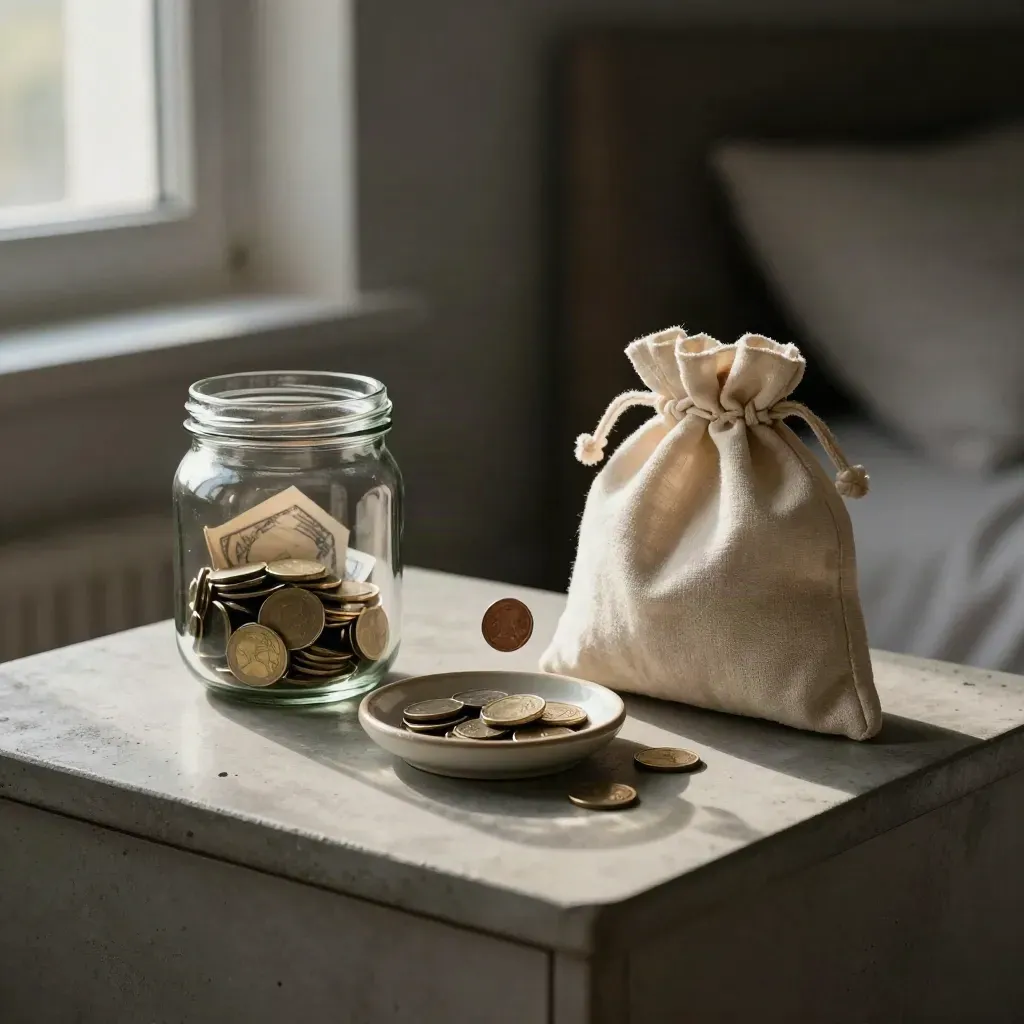 Savings jar, coin dish, and cloth pouch mid-tumble on a bedside table in dawn light.