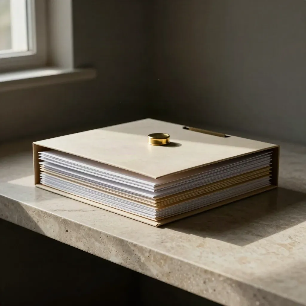 Overhead stone shelf with archive box, closed receipt envelopes and brass clip in dramatic light.