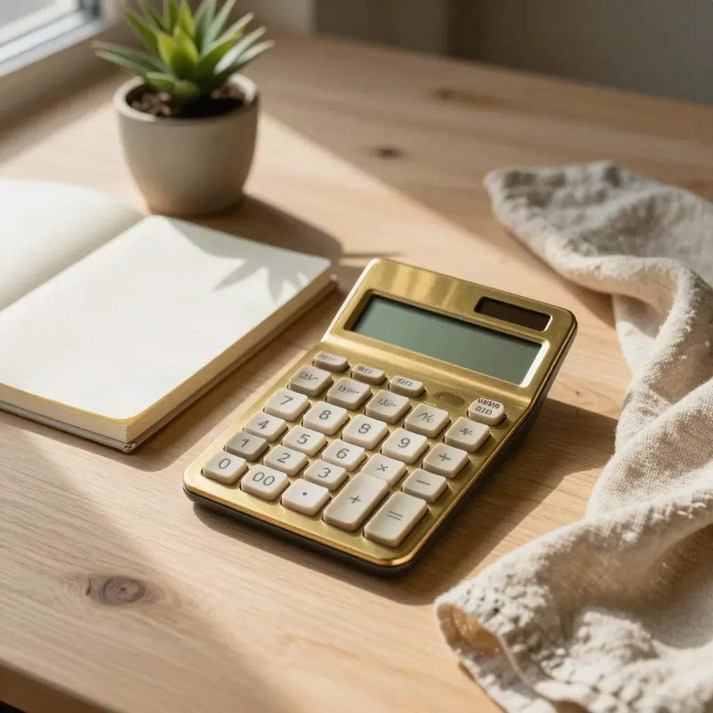 Brass calculator, ivory notebook, plant and linen on pale oak in soft daylight.
