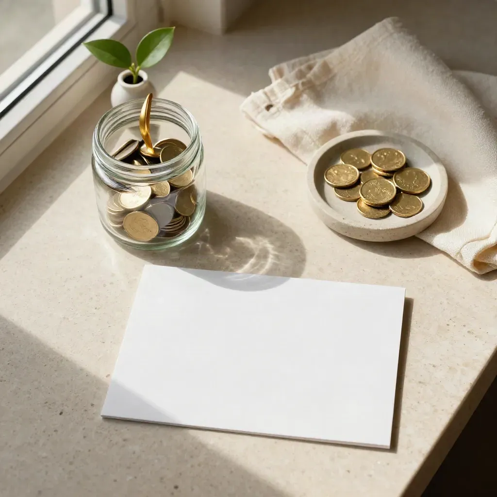 Overhead savings jar with coins, plant cutting, cream cloth, and stone dish on travertine.