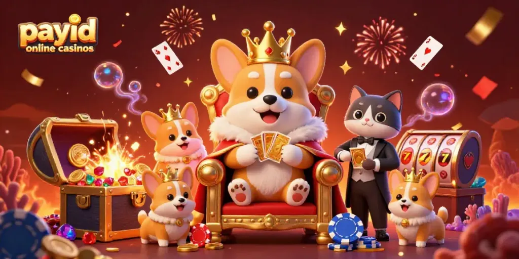 Experience the excitement at payid online casinos with a royal corgi on a poker chip throne.
