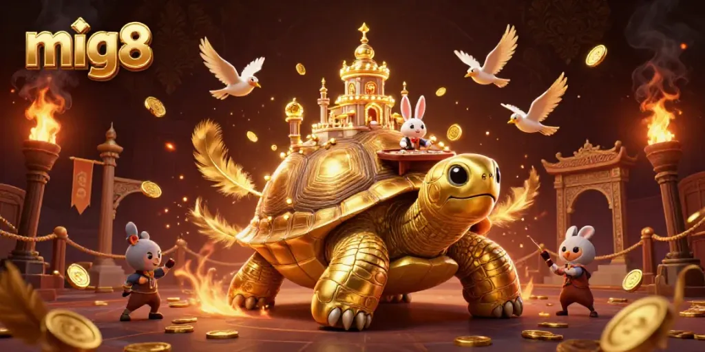 Spin the reels at mig8, featuring a vibrant casino scene with a golden tortoise and rabbit dealer.