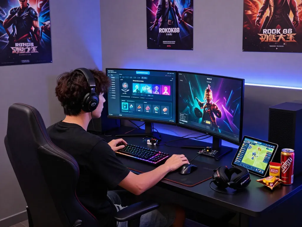 Gamer engaged with dual monitors showing ROKOK88 link gameplay in a vibrant gaming lounge.