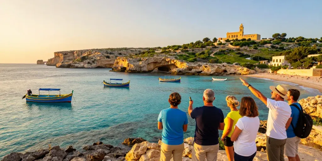 Gozo tours at sunset, tourists exploring coastal landmarks with local guide.