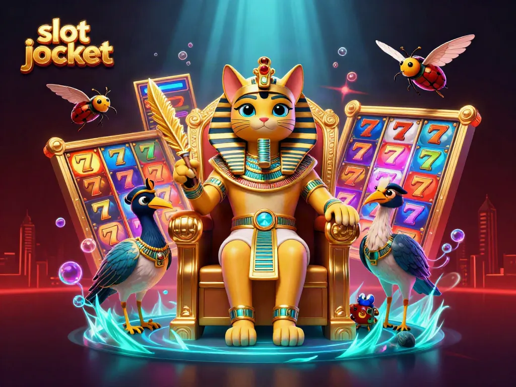 Spin the slot jackpot with a vibrant Egyptian theme featuring a royal pharaoh cat and treasures.