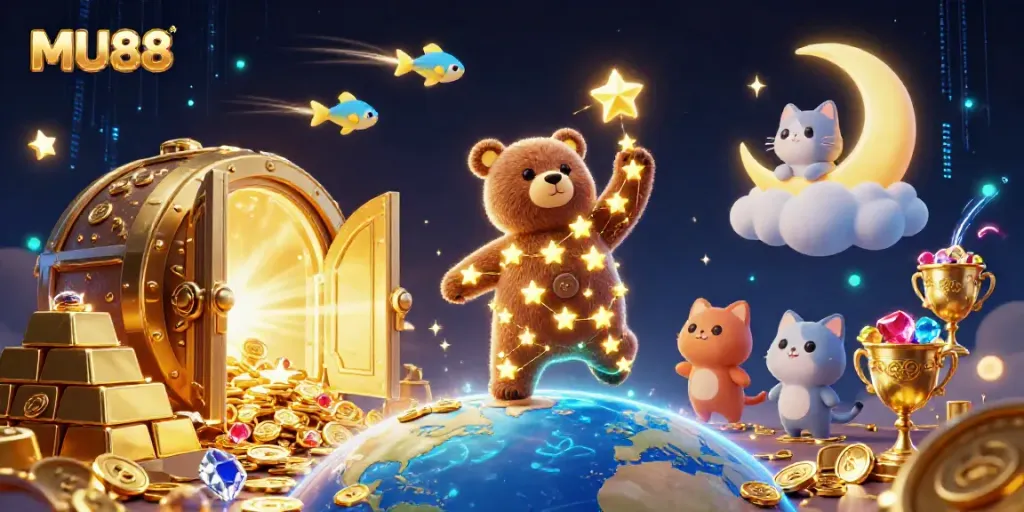 Experience MU88's thrilling world by winning coins with a constellation bear, sparkling treasures, and magical effects.