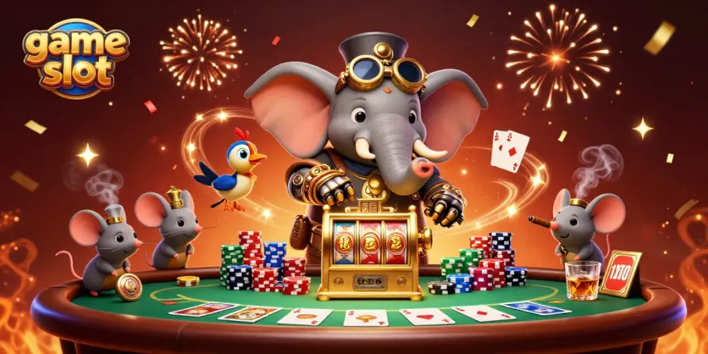 Engage with exciting game slot action featuring a steampunk elephant engineer and vibrant casino elements.