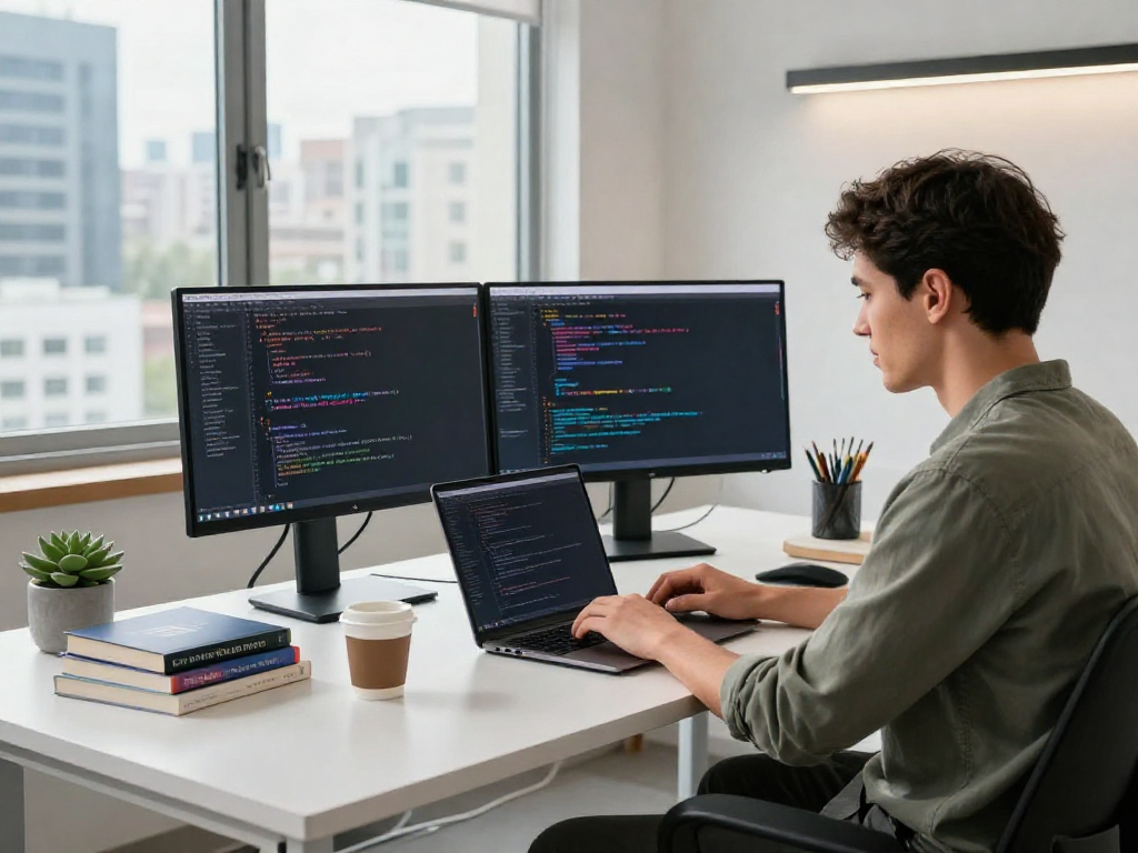 The workspace at http://debet-app.com with a developer coding on dual monitors in a professional office environment.