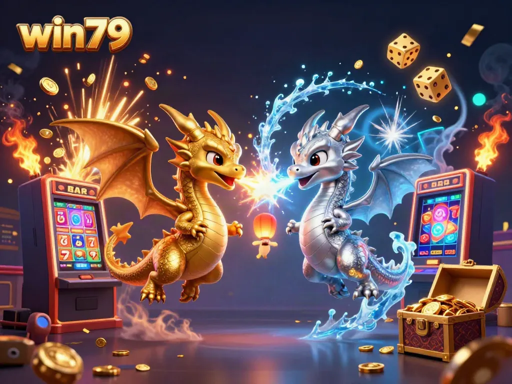 Win79: Experience thrilling gameplay with golden and silver dragons in an exciting casino scene.