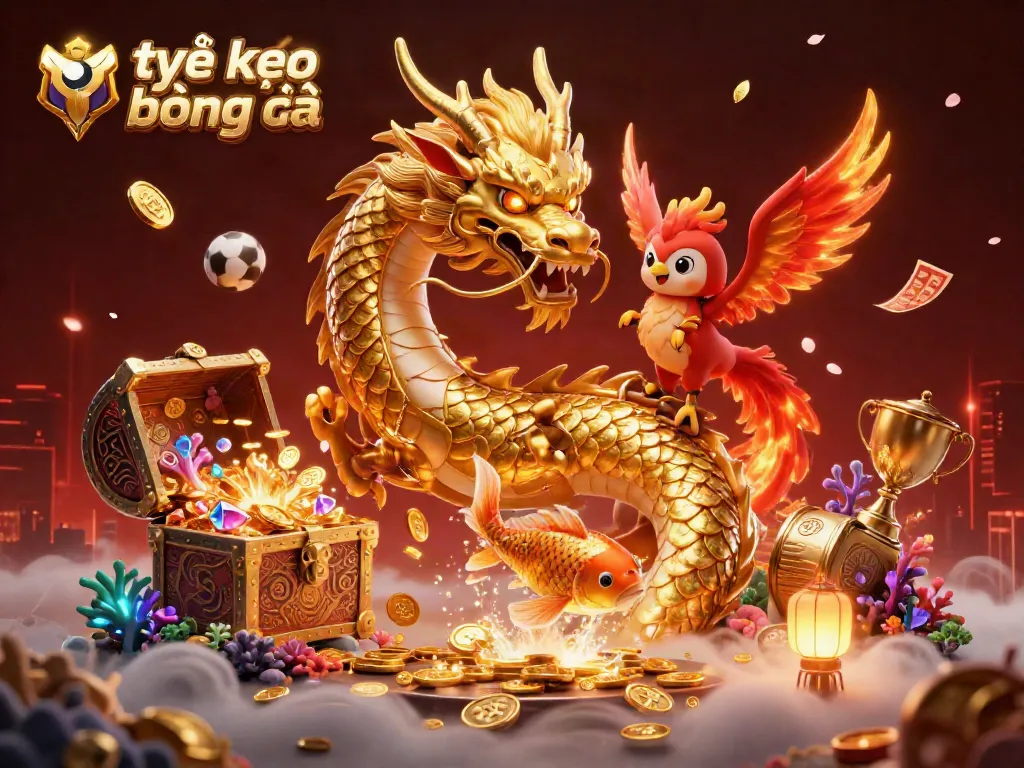 Engage with tỷ lệ kèo bóng đá through this vibrant 3D illustration featuring a dragon and phoenix promoting sports betting excitement.