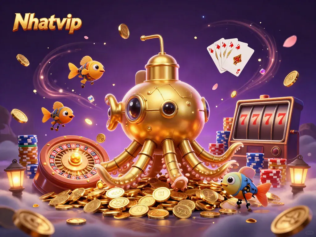 Nhatvip creates an engaging online casino experience with vibrant elements of gold, games, and excitement.