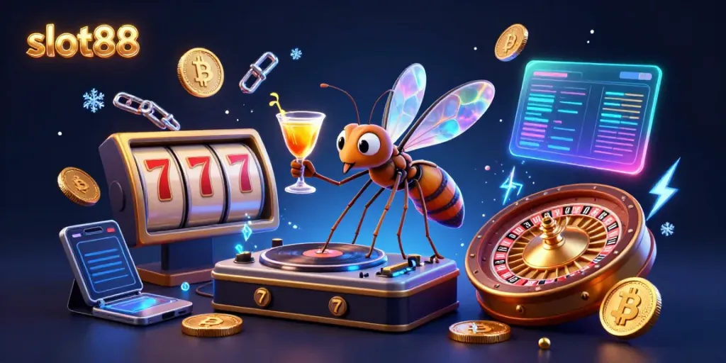 Experience the thrill of slot88 with a vibrant casino mascot and neon crypto elements.