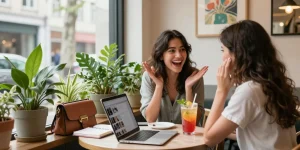 Young woman enjoys a vibrant café moment, showcasing her crush on a friend with laughter and lively conversation.