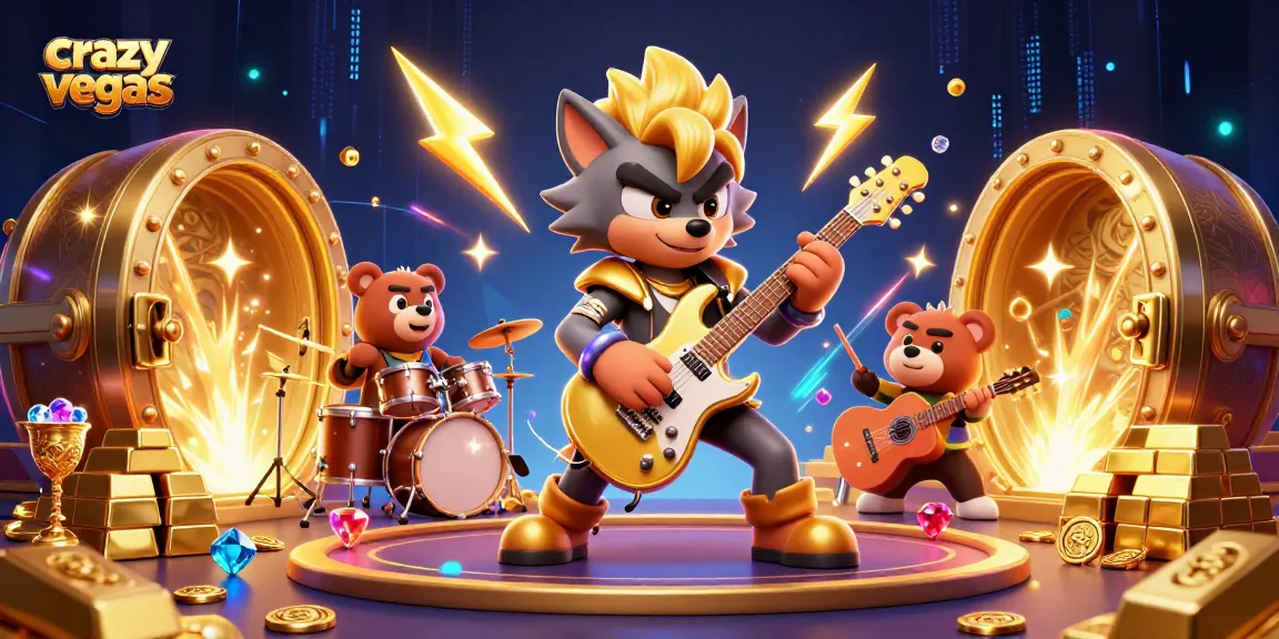Experience thrill at crazyvegas with a vibrant casino scene featuring a rock star wolf and drummer bear among gold treasures.